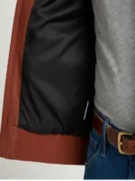 Close-up of the soft viscose inner lining of the Steve Harrington brown jacket.