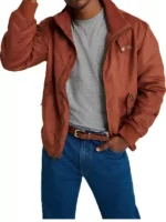 Open zipper style view of the Steve Harrington suede jacket in rust brown color.