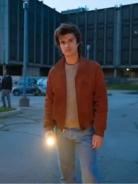 Full view of the Steve Harrington Stranger Things Wrangler jacket in soft brown suede.