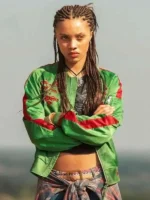 The Iris Affair Meréana Tomlinson bomber jacket in a full front view.