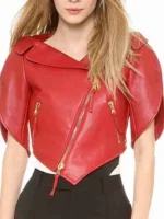 Red Leather Jacket with a unique heart-shaped front and a modern cropped silhouette for a high-status look.