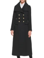 Women’s Double Breasted Paris Military black coat in a front-view display.
