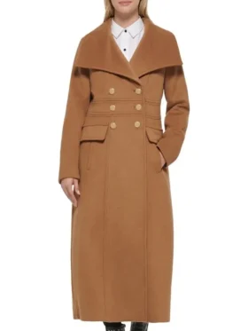 Women’s Double Breasted Paris Military coat showing the tailored front fit.