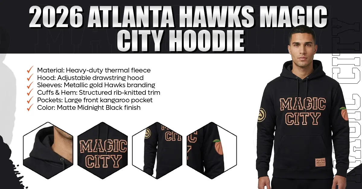 Technical infographic of the 2026 Atlanta Hawks Magic City Hoodie.