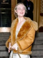 2026 Elle Fanning Brown Shearling Jacket Closure Look
