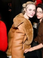 2026 Elle Fanning Brown Shearling Jacket Look Style