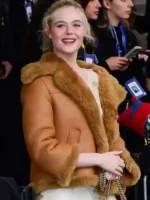 2026 Elle Fanning Brown Shearling Jacket Right View