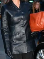 2026 Olivia Munn Black Leather Blazer Close-Up