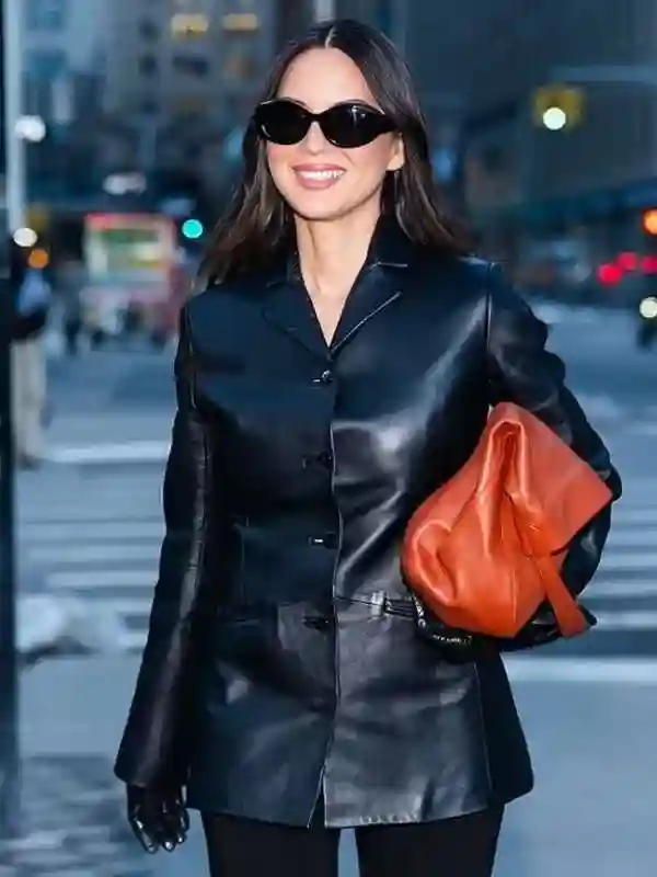 2026 Olivia Munn Black Leather Blazer Front View 2026 Olivia Munn Black Leather Blazer Front View