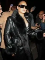 2026 Rihanna Black Leather Trench Coat Collar View