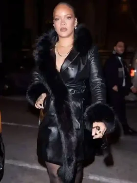 2026 Rihanna Black Leather Trench Coat Front View