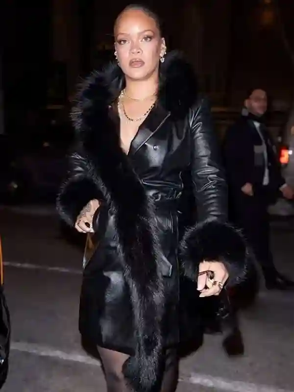 2026 Rihanna Black Leather Trench Coat Front View 2026 Rihanna Black Leather Trench Coat Front View