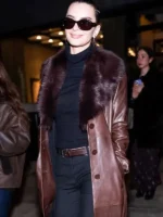 26 Emily Ratajkowski Brown Leather Coat Closure View