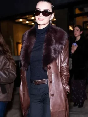 26 Emily Ratajkowski Brown Leather Coat Closure View