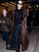 26 Emily Ratajkowski Brown Leather Coat Front View