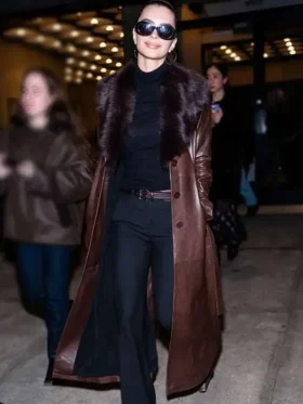 26 Emily Ratajkowski Brown Leather Coat Front View
