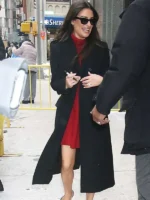 Side profile of the Lea Michele Black Wool Coat during her appearance at ABC Studios in NYC.
