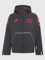 Front view of the Adidas F1 Revolut hooded jacket with secure zipper closure and adjustable cuffs.