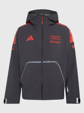 Front view of the Adidas F1 Revolut hooded jacket with secure zipper closure and adjustable cuffs.