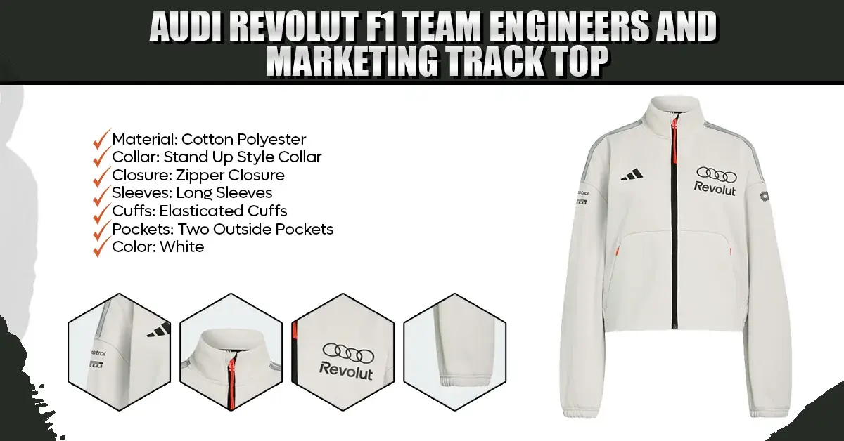 White Formula 1 team track top featuring a stand-up collar, black front zipper with red pull detailing, long sleeves with elasticated cuffs, and discrete branding logos on the chest and shoulder.