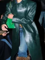 Close-up of Green Real Leather Texture and Waist Pockets