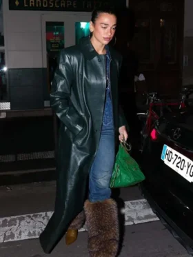 Dua Lipa Green Leather Coat 2026 Green Long Coat Front View