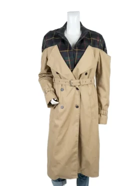 High-resolution view of the intricate plaid collar and shoulder panel on a premium longline trench coat.