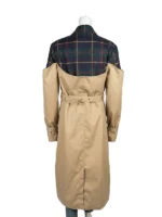 A stylish women's long coat featuring a belted waist, adjustable cuffs, and professional button detailing.