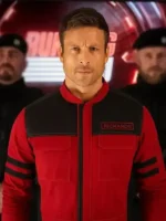 Detailed Snap-tab and Zipper Closure of the Ben Richards Running Man Red Jacket