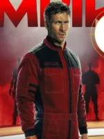 Side Perspective of the Ben Richards Running Man Red Jacket in Red Cotton