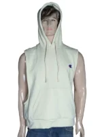 Front view of the off-white sleeveless fleece hoodie worn by Bo Cruz in the sports drama Hustle.