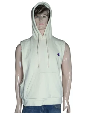 Front view of the off-white sleeveless fleece hoodie worn by Bo Cruz in the sports drama Hustle.