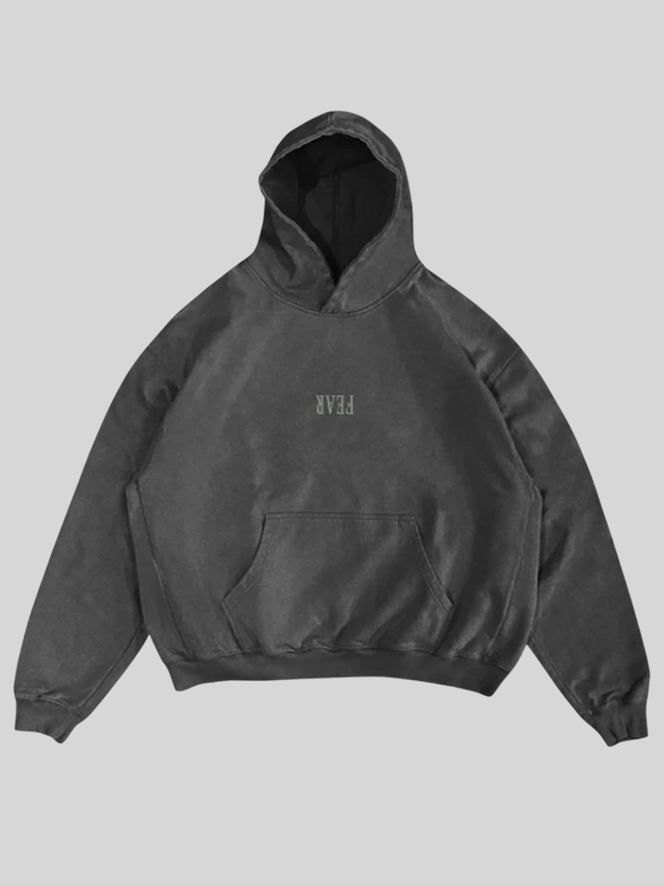 Ilia Malinin Fear Hoodie Front View Front view of the grey pullover hoodie with kangaroo pockets and a clean hooded collar.