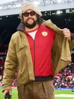 Detailed view of the front closure system and hardware on the Jason Momoa Soccer Date 2026 Jacket.