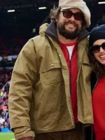 Side profile look of the Jason Momoa Soccer Date 2026 Jacket during a casual outdoor setting.