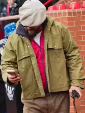 Macro close-up shot of the premium cotton material and stitching of the Jason Momoa Soccer Date 2026 Jacket.