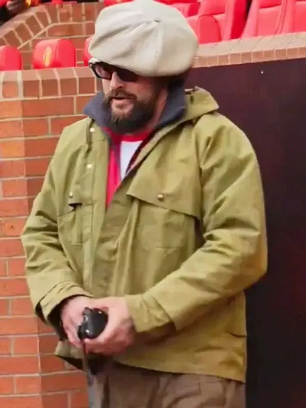 Jason Momoa Soccer Date Olive Green Cotton Jacket Front View Full front view of the Jason Momoa Soccer Date 2026 Jacket in olive green cotton fabric.