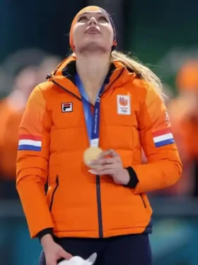 Jutta Leerdam Olympic Orange Puffer Jacket Close-Up