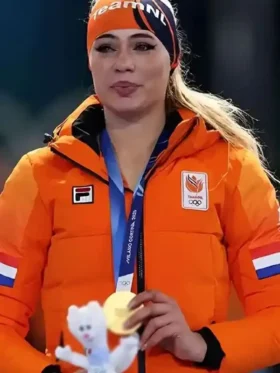 Jutta Leerdam Olympic Orange Puffer Jacket Front View