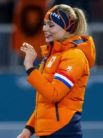 Jutta Leerdam Olympic Orange Puffer Jacket Side View