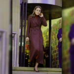 Kate Middleton in wool plaid long coat with a burgundy base tone during Royal Marsden Hospital visit