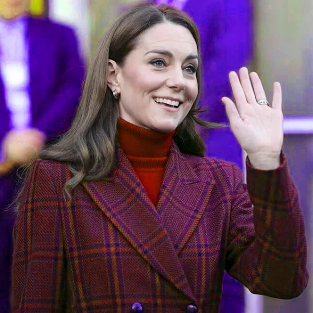 Crowd Greeting Look in Burgundy Plaid Coat Kate Middleton Royal Marsden Hospital Coat, Kate greeting a crowd while wearing a burgundy plaid long coat during Royal Marsden Hospital visit