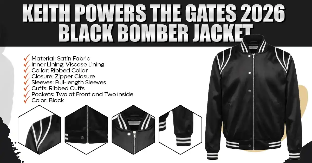 Studio product shot of the Keith Powers The Gates black satin bomber jacket featuring a front silver zipper, decorative snap buttons, and distinct black-and-white striped rib-knit detailing on the collar, shoulders, cuffs, and hemline.