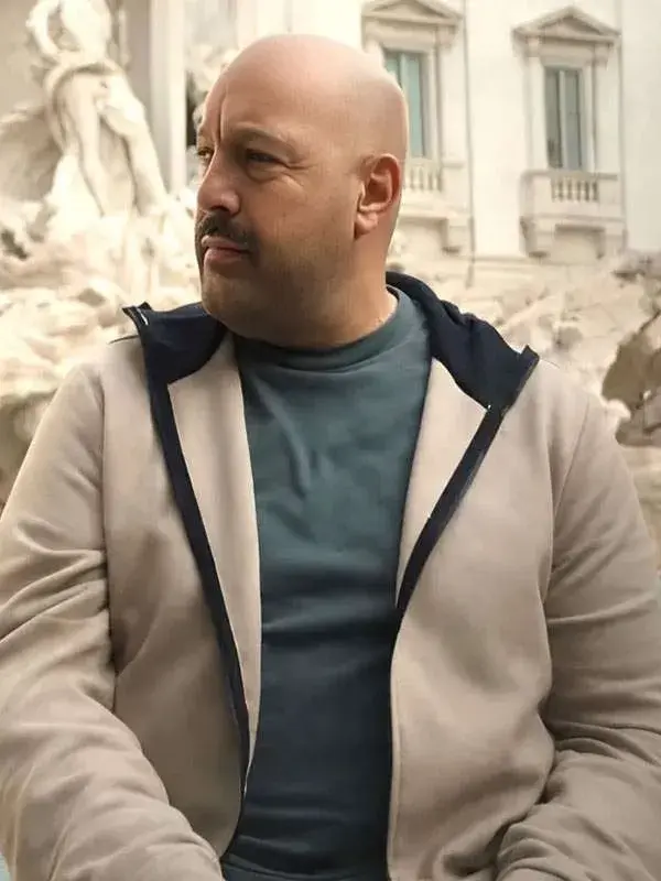 Kevin James Solo Mio 2026 Hooded Jacket Front View Front view of the Solo Mio 2026 Hooded Jacket with a zipper and pockets at TV Jackets.