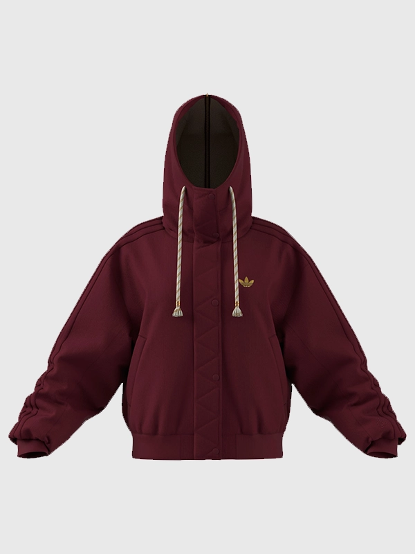 LNY 2026 Adidas Padded Hooded Jacket Front The front view of the padded and hooded Adidas LNY 2026 jacket in burgundy.