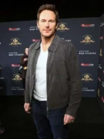 Chris Pratt Mercy 2026 grey suede jacket modern street style