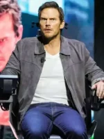 Chris Pratt Mercy 2026 grey leather jacket clean fit look