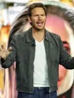 Chris Pratt grey suede leather jacket Cinema Con 2026 look