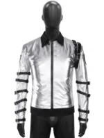 Front view of a shimmering silver jacket with a stand-up collar and buckled cuffs.