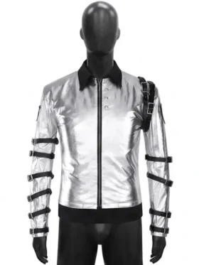 Front view of a shimmering silver jacket with a stand-up collar and buckled cuffs.